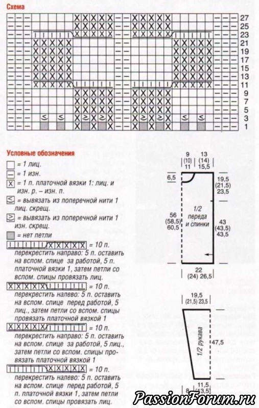 Связанный поперёк пуловер с косами. Описание и схема