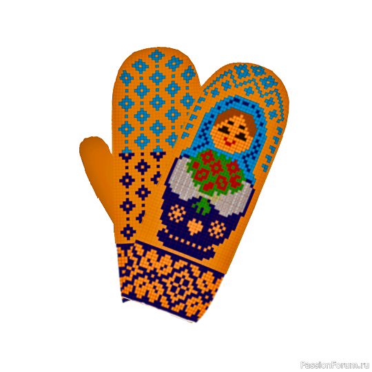 ​Жаккард + вышивка. Варежки &quot;Матрёшка с букетом&quot; Схема