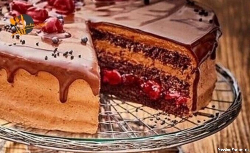 Шоколадный торт с вишней, кремом и желе